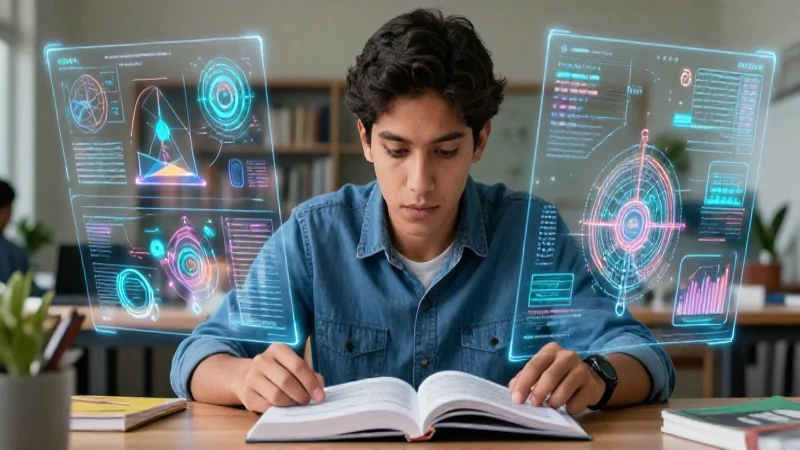 Estudiante mexicano enfocado con tecnología científica futurista