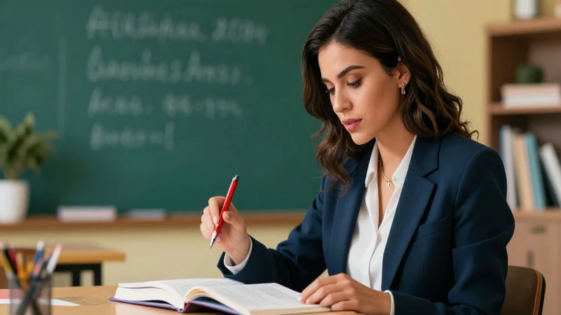 Educadora en México revisando libro con estilo cinematográfico
