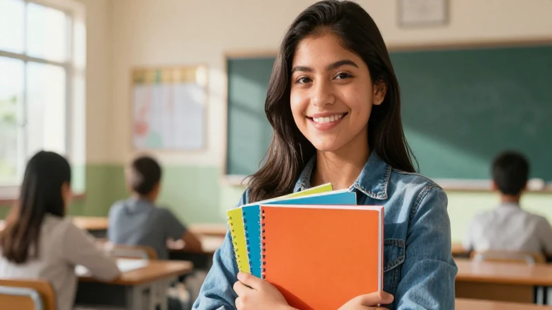Maestra mexicana sonriente en aula moderna