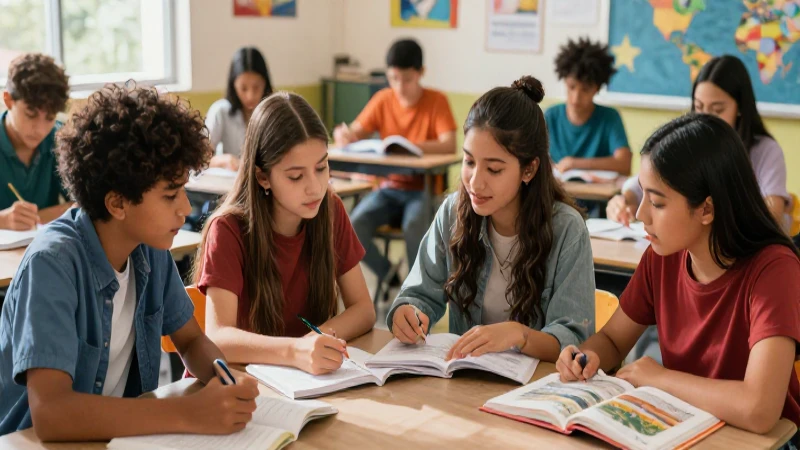 Conoce los mejores libros de texto inclusivos para todes 4 Estudiantes diversos aprenden en aula moderna mexicana