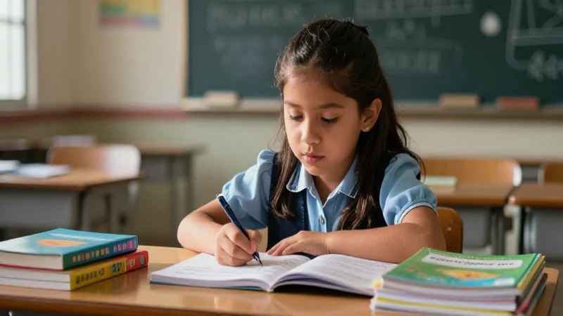 Niño entusiasta con libros en mesa