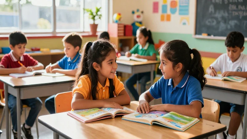 Aula vibrante con niños felices y libros coloridos