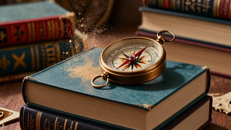 Libros antiguos y brújula dorada, estética académica moderna