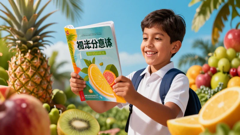 Estudiante alegre con frutas tropicales