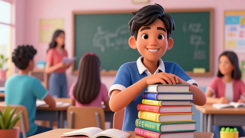 Estudiante mexicano sonríe con libros en clase moderna