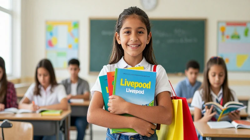 Niño sonriente con libros nuevos y bolso premium en Liverpool