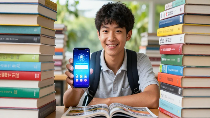 Estudiante sonriente con marketplace digital en libros