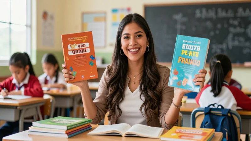 Maestra alegre en aula, libros coloridos y moderna iluminación