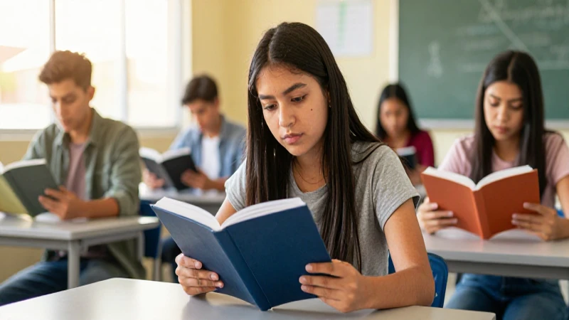 Estudiante mexicano lee en aula moderna con iluminación dorada