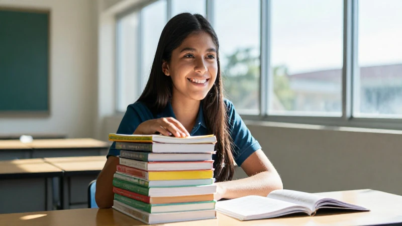 Joven estudiante sonriente rodeado de libros coloridos