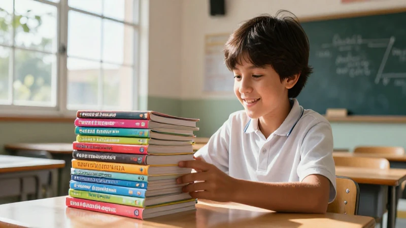 Estudiante feliz aprendiendo con libros de colores