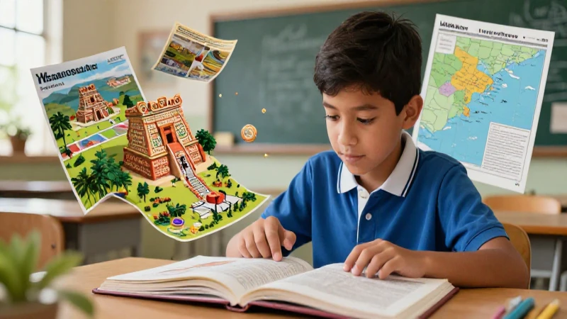 Niño mexicano aprende historia prehispánica con libros