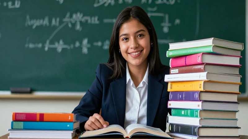 Estudiante mexicano sonriente con libros coloridos