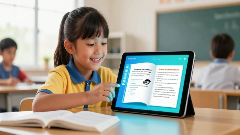 Estudiante feliz usando tablet con libros digitales