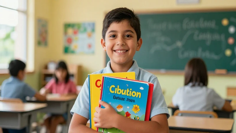 Estudiante mexicano feliz con libros en un aula moderna
