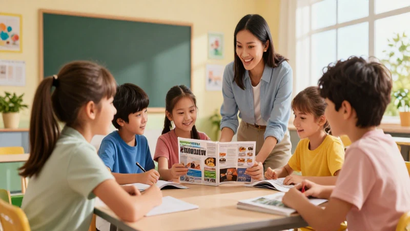 Estudiantes felices colaborando en aula vibrante