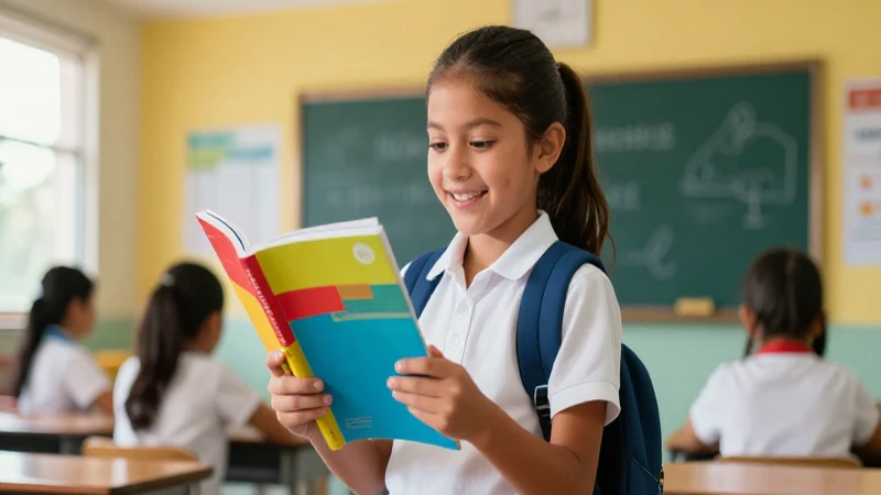 Estudiante mexicano alegre con libro en aula moderna