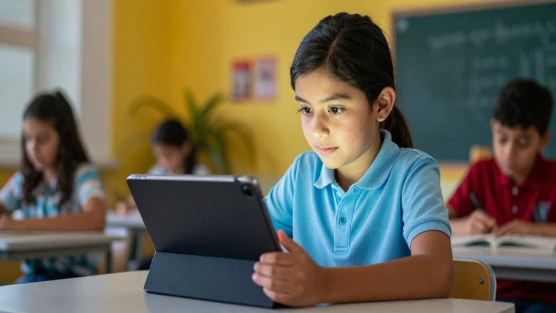 Estudiante mexicano motivado con tablet en clase moderna