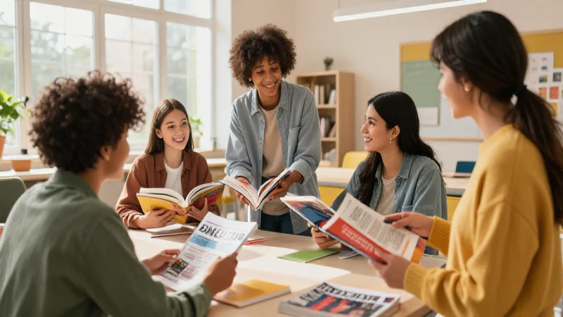 Estudiantes aprenden dinámicamente en un espacio moderno e ilustrado