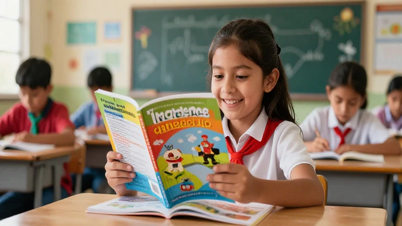 Estudiante feliz en vibrante aula mexicana