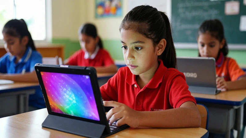 Niño curioso aprende con tableta en un aula brillante