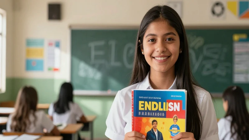 Estudiante mexicano sonriente estudia inglés con luz