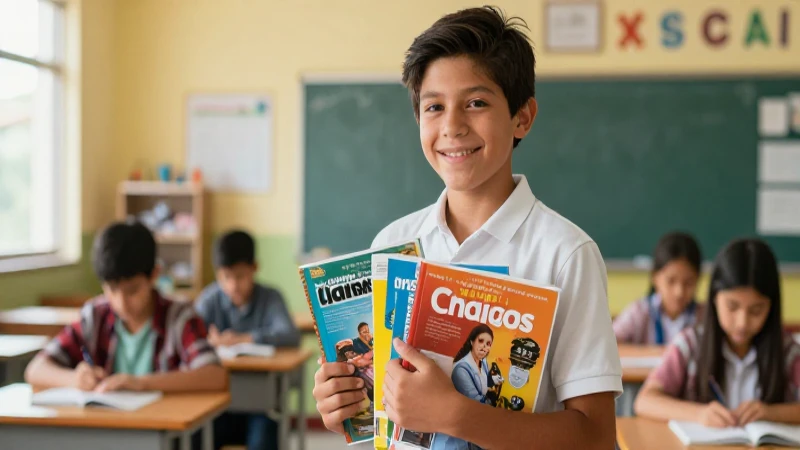 Estudiante feliz con libros en clase