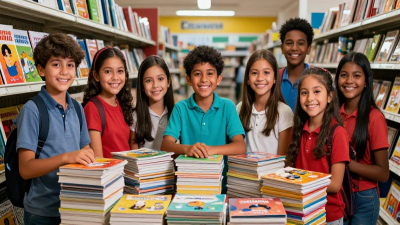 Estudiantes mexicanos felices en un pasillo colorido