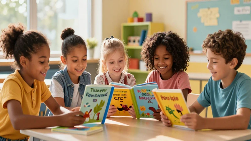 Niños felices con libros de cuentos coloridos