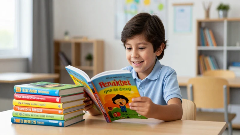 Niño mexicano feliz leyendo libros