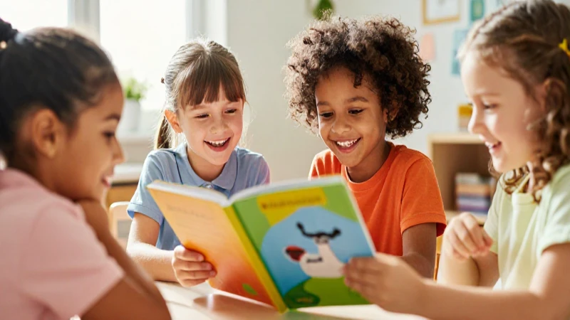 Niños alegres aprenden con libros coloridos y luz