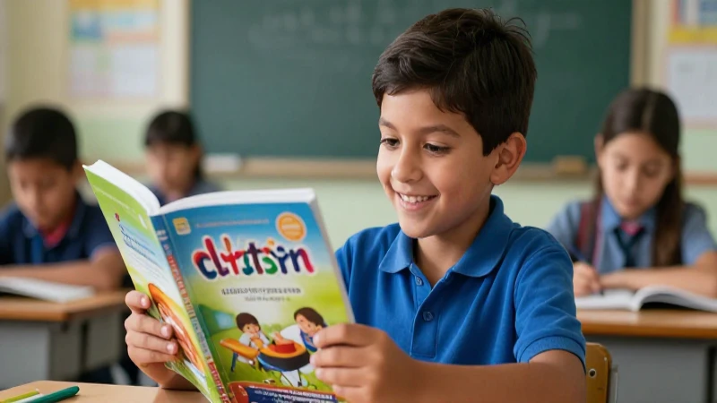 Estudiante mexicano feliz mira libro vibrante en aula