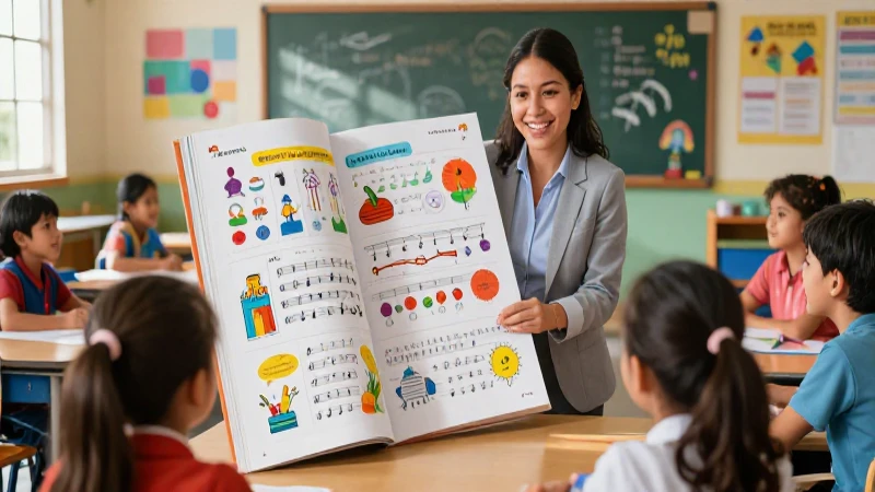 Potencia la educación musical con libros de texto para primaria: mejora el aprendizaje de tus alumnos 5 Profesora feliz y aula moderna mexicana vibrante