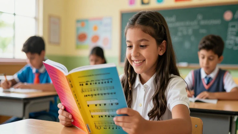 Potencia la educación musical con libros de texto para primaria: mejora el aprendizaje de tus alumnos 3 Estudiante alegre interactúa con un libro de música