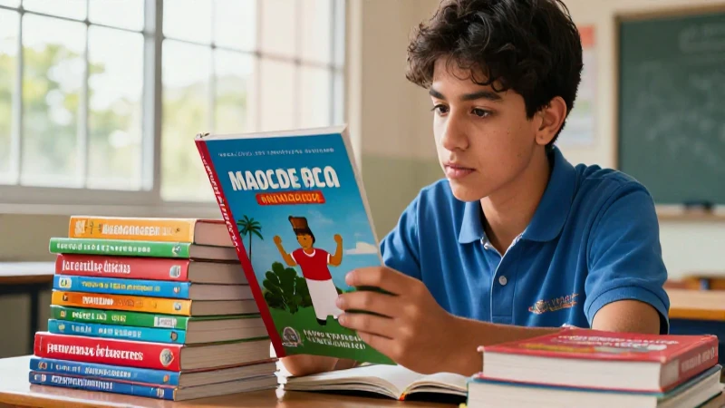 Estudiante examina libros mexicanos coloridos bajo luz natural