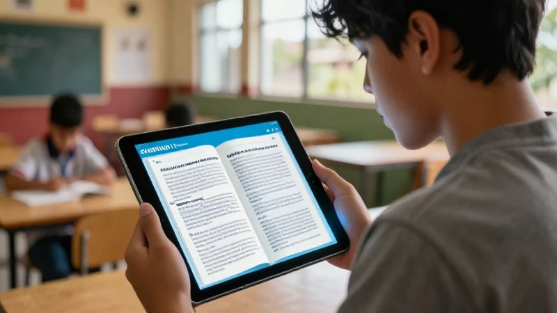 Estudiante con tablet en ambiente escolar vibrante