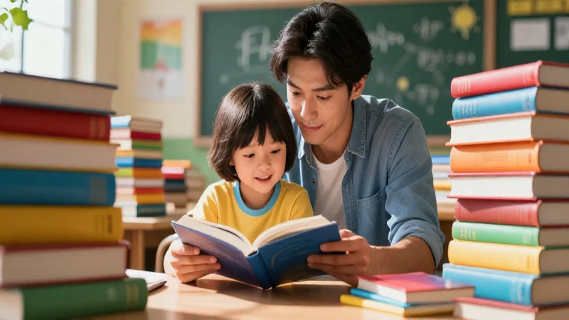 Educación vibrante con lectura familiar y libros coloridos