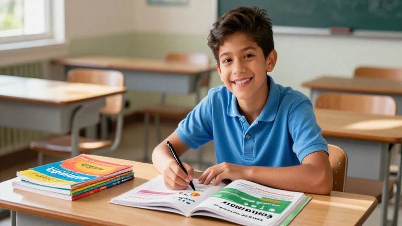 Estudiante mexicano sonriendo, estudiando inglés moderno