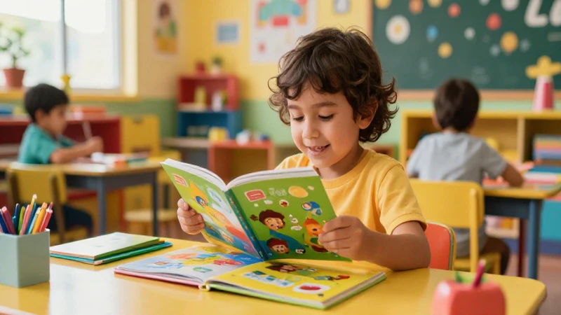 Mejores libros de texto para niños de kinder: Impulsa su educación 3 Niño alegre explora libros en aula vibrante