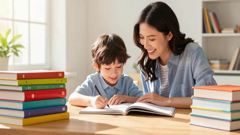 Madre e hijo estudian juntos con libros en una mesa