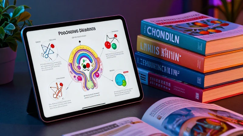 Tablet con diagrama biológico y libros científicos