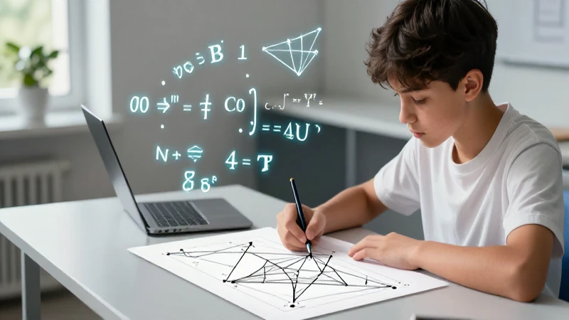 Estudiante resuelve prueba geométrica con estilo editorial