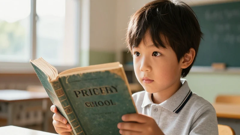 Niño curioso estudiando un libro antiguo con luz cálida