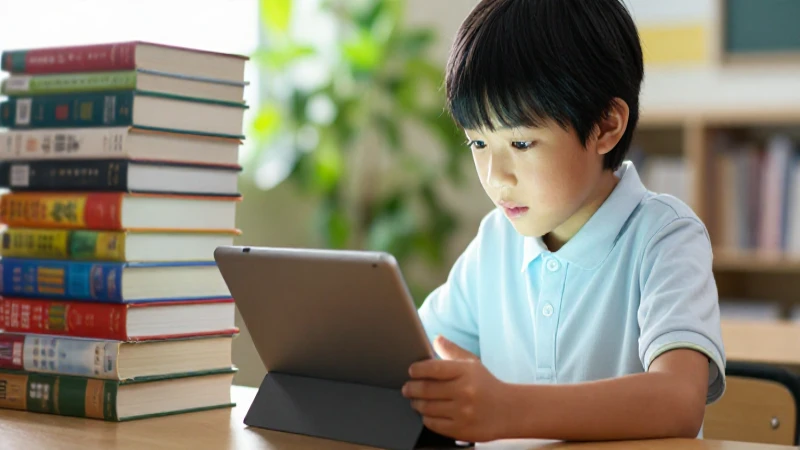 Niño curioso usa tableta frente a libros antiguos