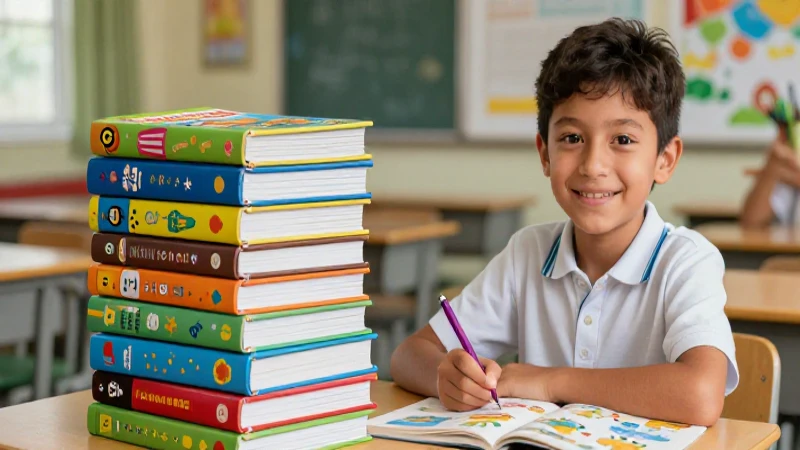 Niño mexicano sonríendo con libros vibrantes