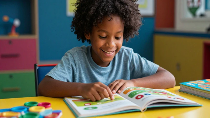 Niño sonriente aprende con libros coloridos