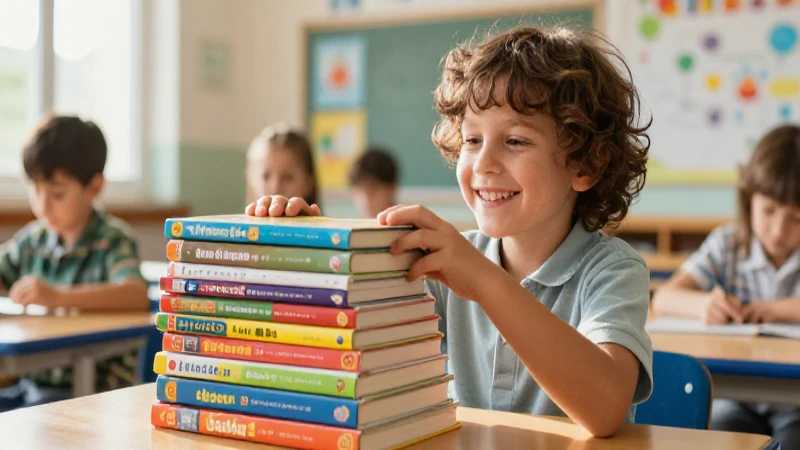 Estudiante feliz con libros en aula soleada