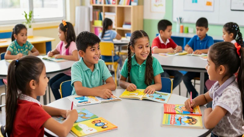 Niños felices en aula mexicana colorida