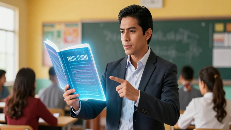 Profesor mexicano futurista con libro holográfico digital