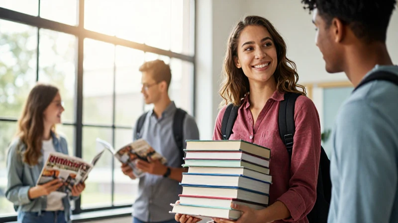 Alquila los mejores libros de texto en Castilla La Mancha 3 Estudiante sonriente sostiene libros con estilo dinámico